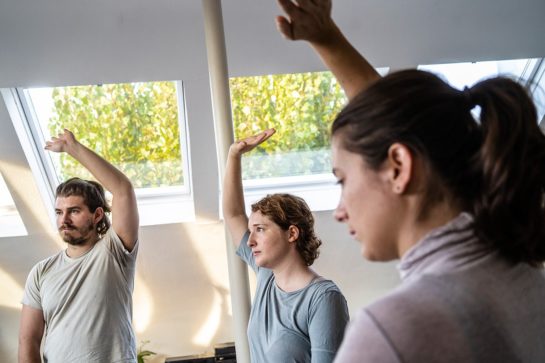 Gruppe macht Qi Gong-Übung, eine Hand über dem Kopf, Handfläche nach oben, als würden sie etwas wegdrücken